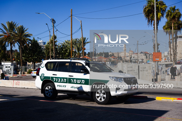 Police car in the Old City in Jerusalem, Israel on December 29, 2022. 