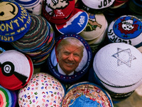 Donald Trump portrait is seen on a kippah at the street market in the Old City in Jerusalem, Israel on December 29, 2022. (