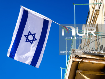 Israeli flag is seen on a building in the Old City in Jerusalem, Israel on December 29, 2022. (