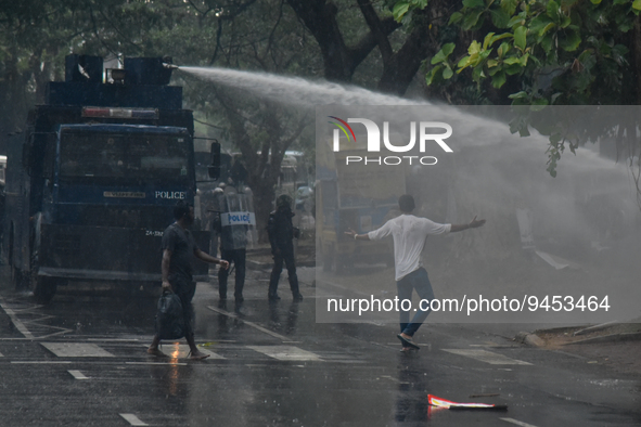 Riot police use water cannons and teargas to dissolve Inter-University Student Federation Protesters (IUSF) during a protest in Colombo, Sri...