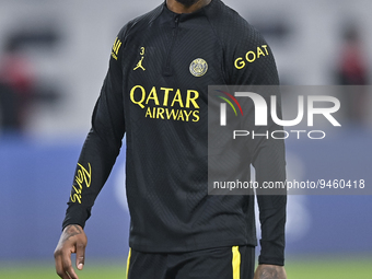 Paris Saint-Germain's Presnel Kimpembe attends a team training session at Khalifa International Stadium in Doha ,Qatar on 18 January 2023....