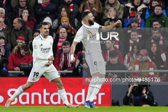 Karim Benzema centre-forward of Real Madrid and France celebrates after scoring his sides first goal during the LaLiga Santander match betwe...