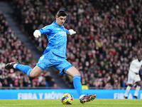 Thibaut Courtois goalkeeper of Real Madrid and Belgium does passed during the LaLiga Santander match between Athletic Club and Real Madrid C...