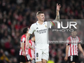 Toni Kroos central midfield of Real Madrid and Germany celebrates after scoring his sides first goal during the LaLiga Santander match betwe...