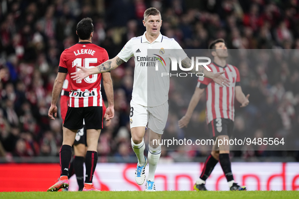 Toni Kroos central midfield of Real Madrid and Germany celebrates after scoring his sides first goal during the LaLiga Santander match betwe...