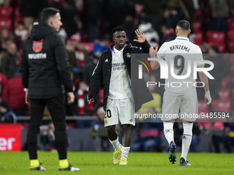 Vinicius Junior left winger of Real Madrid and Brazil and Karim Benzema centre-forward of Real Madrid and France celebrate victory after the...