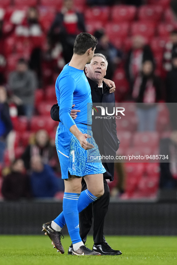 Carlo Ancelotti head coach of Real Madrid and Thibaut Courtois goalkeeper of Real Madrid and Belgium after the LaLiga Santander match betwee...