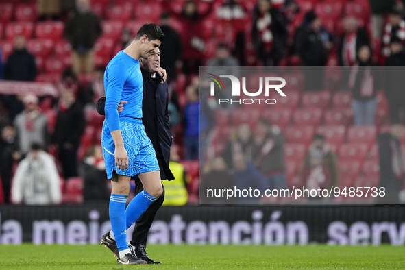 Carlo Ancelotti head coach of Real Madrid and Thibaut Courtois goalkeeper of Real Madrid and Belgium after the LaLiga Santander match betwee...
