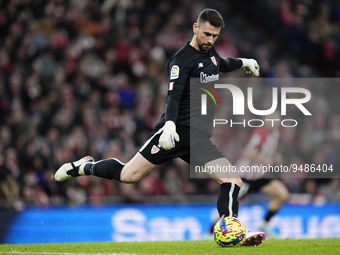 Unai Simon goalkeeper of Athletic Club and Spain does passed during the LaLiga Santander match between Athletic Club and Real Madrid CF at S...