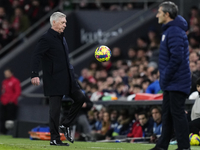 Carlo Ancelotti head coach of Real Madrid controls the ball iduring the LaLiga Santander match between Athletic Club and Real Madrid CF at S...