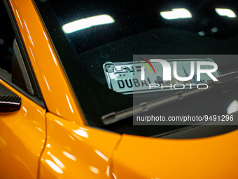 A Dubai license plate seen during the MCM Car Show in Bogota, Colombia, the biggest auto show in latin america, on January 20, 2022. (