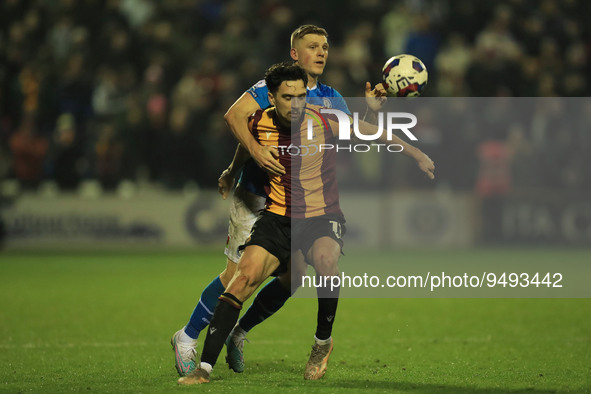 Bradfords Alex Gilliead holds off Stockports Will Collar during the Sky Bet League 2 match between Stockport County and Bradford City at the...