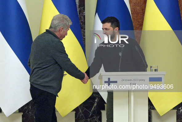 KYIV, UKRAINE  - JANUARY 24, 2023 - President of Ukraine Volodymyr Zelenskyy (R) and President of Finland Sauli Niinisto shake hands during...