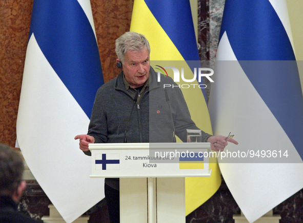 KYIV, UKRAINE  - JANUARY 24, 2023 - President of Finland Sauli Niinisto speaks during a joint meeting with President of Ukraine Volodymyr Ze...