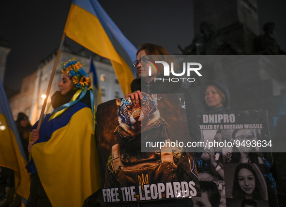 A protester holding a poster with words 'Free The Leopards' is seen during the 'Protest in Support of Ukraine' on the Main Market Square in...
