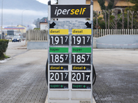 Price signs are seen in a closed gas station in L'Aquila, Italy, on January 25, 2023. On january 25 e 26 gas stations are on national strike...