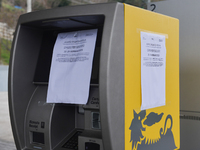 Closure notices on paper are seen in a closed gas station in L'Aquila, Italy, on January 25, 2023. On january 25 e 26 gas stations are on na...