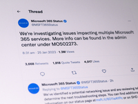 A Tweet by the official Microsoft Twitter account is seen in this photo illustration in Warsaw, Poland on 25 January, 2023. Several Microsof...