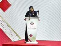 Maryam bint Ali bin Nasser Al Misnad (R) Minister of Social Development and Family Qatar speaks at the 42nd meeting of the Council of Arab M...