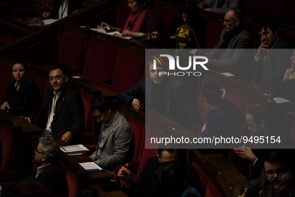 NUPES deputy Louis Boyard among the opposition benches, during the question session to the government, in Paris, Tuesday 24 January, 2023. 