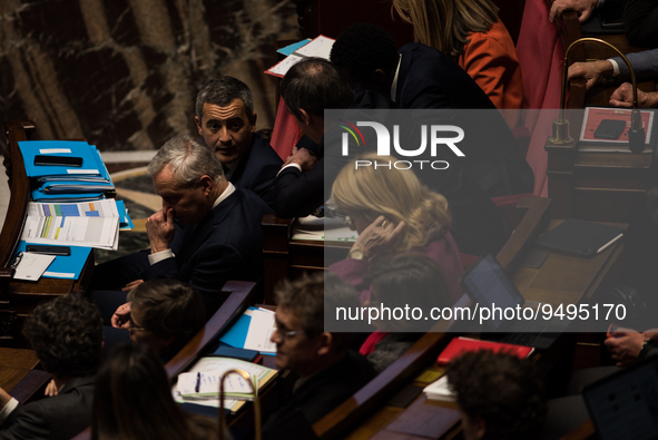 Interior Minister Gerald Darmanin between the government benches during the government question session, in Paris, Tuesday 24 January, 2023....