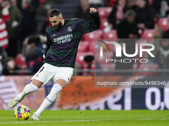 Karim Benzema centre-forward of Real Madrid and France during the warm-up before the LaLiga Santander match between Athletic Club and Real M...