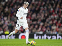 Federico Valverde central midfield of Real Madrid and Uruguay does passed during the LaLiga Santander match between Athletic Club and Real M...