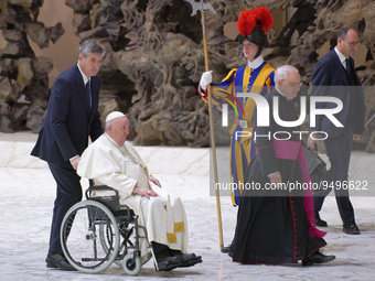 Pope Francis attends his weekly general audience in the Pope Paul VI hall at the Vatican, Wednesday, Jan. 25, 2023.  (