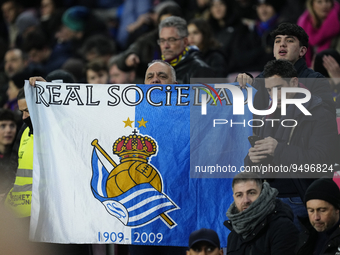 Real Sociedad supporters during the Copa Del Rey Quarter Final match between FC Barcelona and Real Sociedad at Spotify Camp Nou on January 2...
