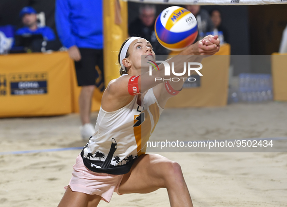 Tina Graudina of Latvia action during the women's Volleyball World Beach Pro Tour Finals against Taliqua Clancy and Mariafe Artacho Del Sola...