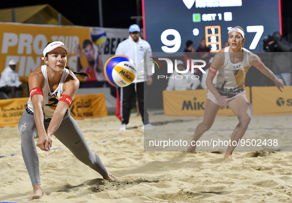 Anastasija Samoilova	(L) and Tina Graudina (R) of Latvia action during the women's Volleyball World Beach Pro Tour Finals against Taliqua Cl...