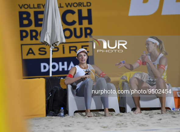 Anastasija Samoilova	(L) and Tina Graudina (R) of Latvia react during the women's Volleyball World Beach Pro Tour Finals against Taliqua Cla...