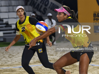 Eduarda Santos Lisboa (L) and  Ana Patricia Silva Ramos (R) of Brazil action during the women's Volleyball World Beach Pro Tour Finals again...