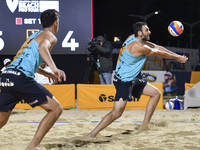  Paolo Nicolai (R) and Samuele Cottafava (L) of Italy action during the men's Volleyball World Beach Pro Tour Finals against Alexander Brouw...
