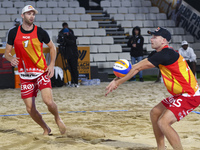 Anders Berntsen Mol (L) and Christian Sandlie Sorum (R) of Norway action during the men's Volleyball World Beach Pro Tour Finals against Ond...