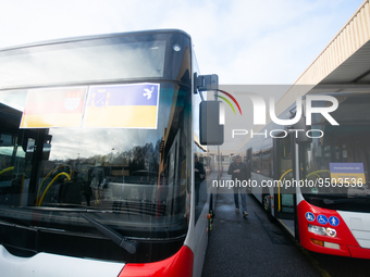 

Buses are seen at the parking lot in Niehl, Cologne, Germany, on January 27, 2023, as members of the Ukraine Blau-Gelbes Kreuz non-profit...