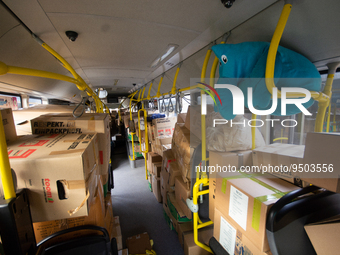 

Loaded boxes of medical supplies are seen in a bus at the parking lot in Niehl, Cologne, Germany on January 27, 2023, as members of Ukrain...