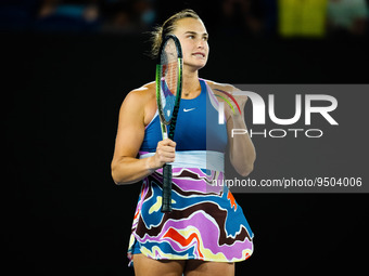 Aryna Sabalenka of Belarus in action against Magda Linette of Poland during the semi-final of the 2023 Australian Open, Grand Slam tennis to...