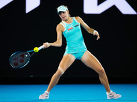 Magda Linette of Poland in action against Aryna Sabalenka of Belarus during the semi-final of the 2023 Australian Open, Grand Slam tennis to...