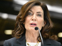 Governor of New York Kathy Hochul and Mayor of New York City Eric Adams deliver remarks on Subway Safety at the Fulton Transit Center in New...
