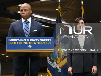 Governor of New York Kathy Hochul and Mayor of New York City Eric Adams deliver remarks on Subway Safety at the Fulton Transit Center in New...