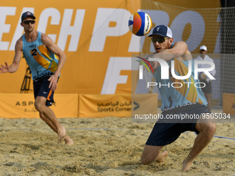 Alexander Brouwer (R) and Robert Meeuwsen (L) of Netherlands action during the men's Volleyball World Beach Pro Tour Finals against  Ondrej...
