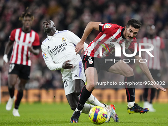 Ferland Mendy left-back of Real Madrid and France and Dani Vivian centre-back of Athletic Club and Spain compete for the ball during the LaL...