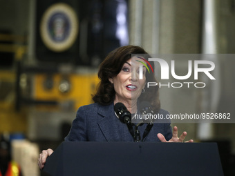 New York Governor Kathy Hochul speaks prior to US President Joe Biden's discussion about funding for the “Hudson Tunnel Project” at the West...