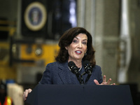New York Governor Kathy Hochul speaks prior to US President Joe Biden's discussion about funding for the “Hudson Tunnel Project” at the West...