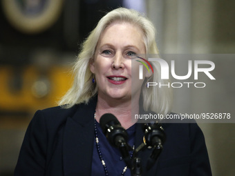 US Senator Kirsten Gillibrand (D-NY) speaks prior to US President Joe Biden's discussion about funding for the “Hudson Tunnel Project” at th...