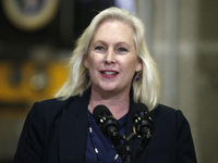 US Senator Kirsten Gillibrand (D-NY) speaks prior to US President Joe Biden's discussion about funding for the “Hudson Tunnel Project” at th...