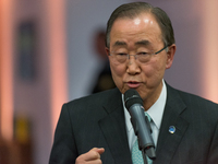 UN general secretary Ban Ki-moon speaks to the press during the United Nations conference on climate change (COP21) in Le Bourget on Decembe...