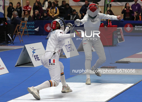 Camille Nabeth, from France, and Dorina Wimmer, from Hungary, during the 46th edition of the City of Barcelona International Fencing Trophy...