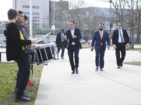 Pennsylvania Governor Josh Shapiro is welcomed by a drum line during a visit of G.W. Carver High School of Engineering and Science in North...